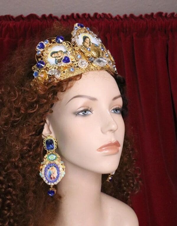 SOLD! 6923 Virgin Mary Blue Rhinestone Stunning Studs Earrings - Image 3