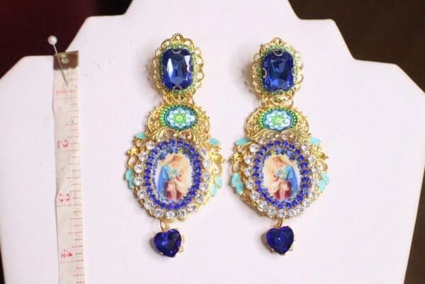 SOLD! 6923 Virgin Mary Blue Rhinestone Stunning Studs Earrings - Image 6
