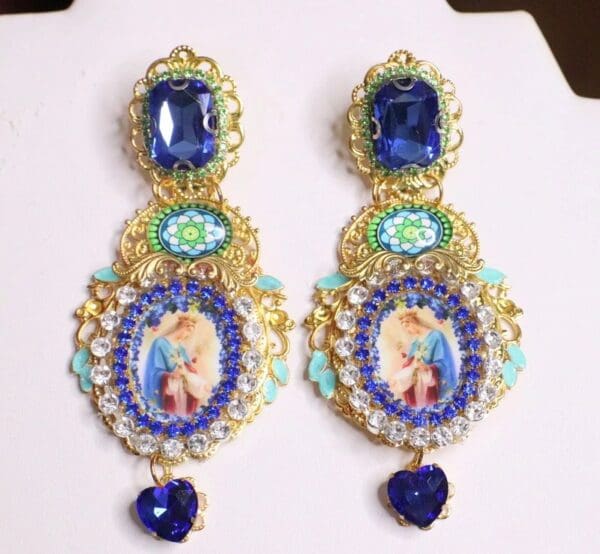 SOLD! 6923 Virgin Mary Blue Rhinestone Stunning Studs Earrings