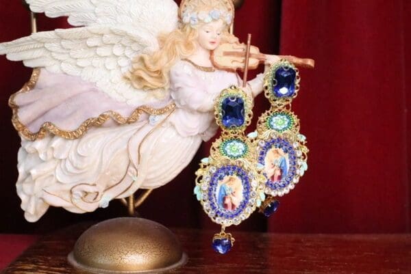 SOLD! 6923 Virgin Mary Blue Rhinestone Stunning Studs Earrings - Image 7