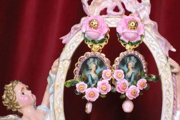 SOLD! 6924 Marie Antoinette Pink Roses Cameo Flower Elegant Earrings - Image 2
