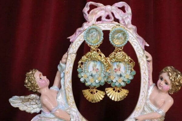SOLD! 6925 Marie Antoinette Fan Aqua Elegant Earrings - Image 2