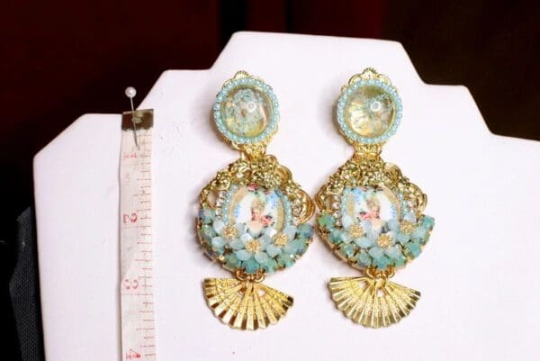 SOLD! 6925 Marie Antoinette Fan Aqua Elegant Earrings - Image 5