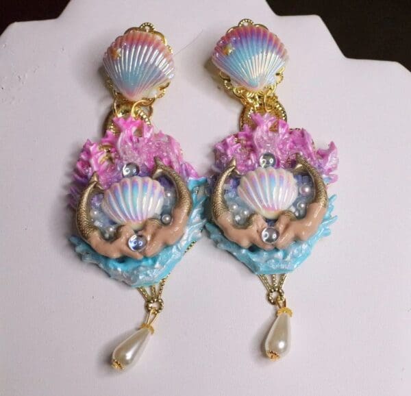 SOLD! 6943 Baroque Hand Painted Blue Coral Reef Mermaids Stunning Studs Earrings - Image 2