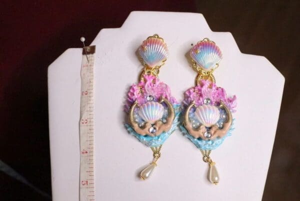 SOLD! 6943 Baroque Hand Painted Blue Coral Reef Mermaids Stunning Studs Earrings - Image 7