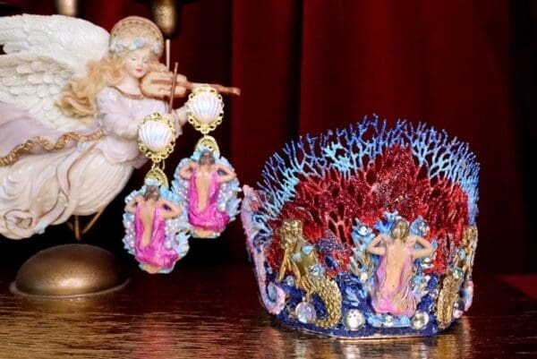 SOLD! 6945 Baroque Hand Painted Nautical Marine Mermaids Coral Reef Stunning Crown - Image 7