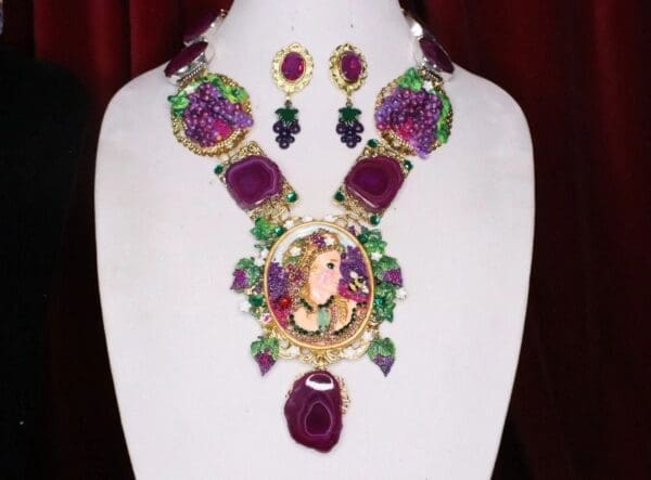 SOLD! 6950 Set Hand Painted Art Nouveau Lady Grapes Massive Necklace+ Earrings - Image 2