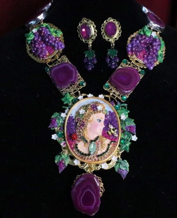 SOLD! 6950 Set Hand Painted Art Nouveau Lady Grapes Massive Necklace+ Earrings - Image 3