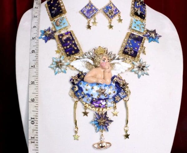 SOLD! 6953 Set Hand Painted Baroque Raphael Cherub Stars Moon Massive Necklace+ Earrings - Image 3