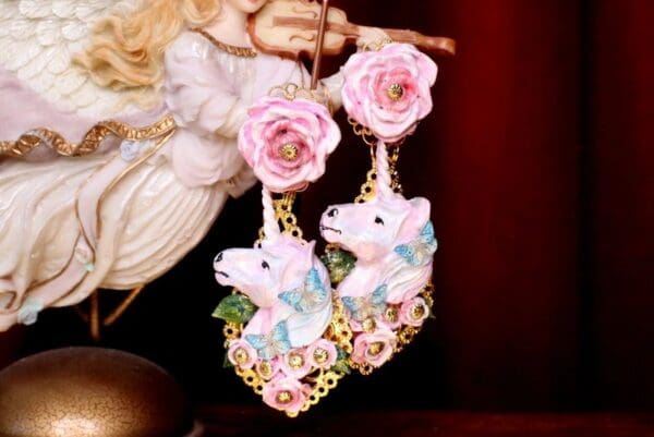 SOLD! 6956 Baroque Colorful Unicorns Roses Rainbow Massive Studs Earrings - Image 2