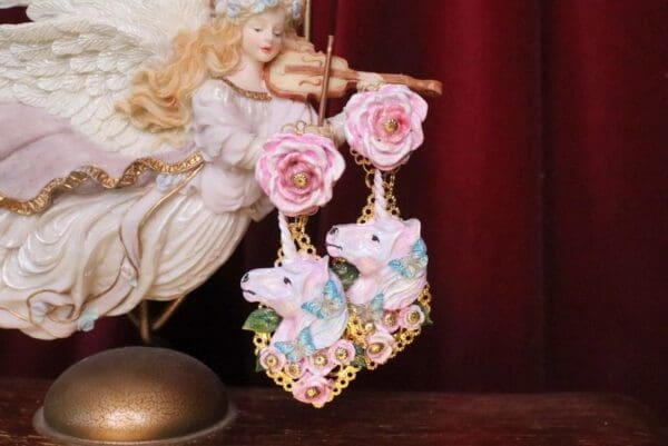 SOLD! 6956 Baroque Colorful Unicorns Roses Rainbow Massive Studs Earrings - Image 3