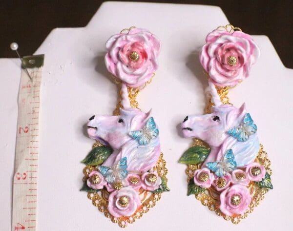 SOLD! 6956 Baroque Colorful Unicorns Roses Rainbow Massive Studs Earrings - Image 4