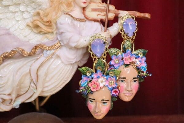SOLD! 6971 Hand Painted Folk Face Flowers Studs Earrings