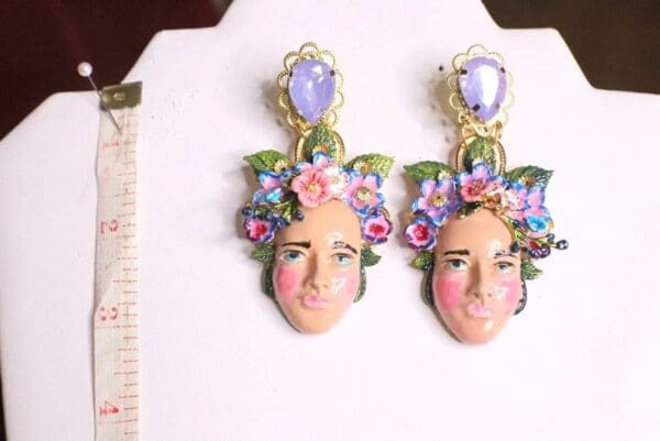 SOLD! 6971 Hand Painted Folk Face Flowers Studs Earrings - Image 4