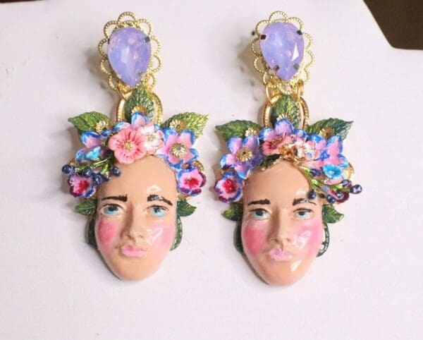 SOLD! 6971 Hand Painted Folk Face Flowers Studs Earrings - Image 2