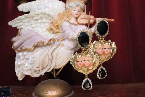 SOLD! 6972 Baroque Hand Painted Vivid Double Cherubs Angels Studs Earrings - Image 2