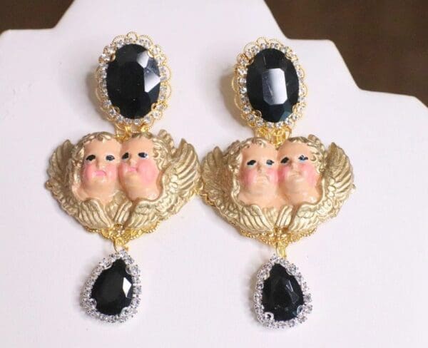 SOLD! 6972 Baroque Hand Painted Vivid Double Cherubs Angels Studs Earrings - Image 4