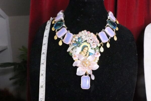 SOLD! 6973 Genuine Milky Opal Virgin Mary Icon Cameo Flower Massive Necklace - Image 2