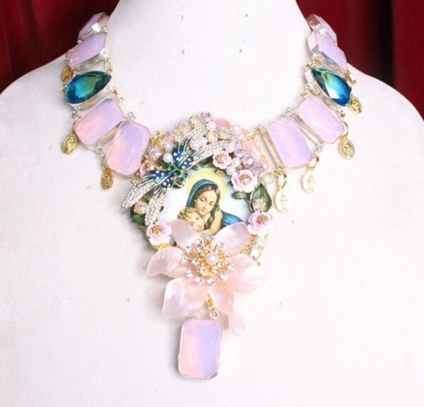 SOLD! 6973 Genuine Milky Opal Virgin Mary Icon Cameo Flower Massive Necklace - Image 3