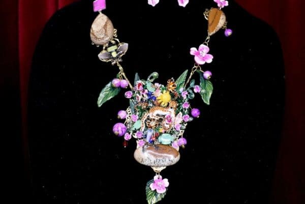 SOLD! 6974 Set Of Enamel Leopard Genuine Jasper Turquoise Gemstones Flowers Necklace+ Earrings - Image 5