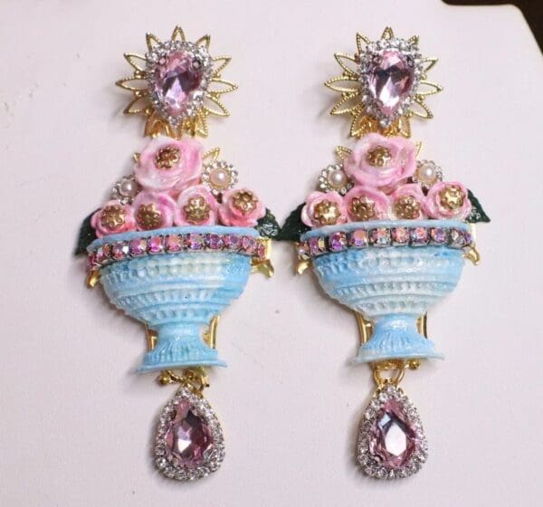 SOLD! 6975 Hand Painted Baroque Vase Roses Studs Earrings - Image 2