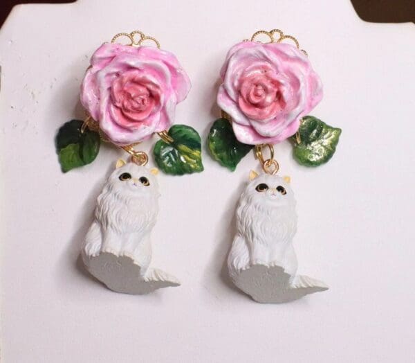 SOLD! 6976 Baroque 3D Effect Vivid Cats Roses Studs Earrings - Image 7