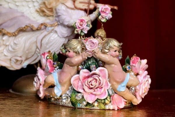 SOLD! 6977 Baroque Hand Painted Faced Cherubs Angels Holding The Rose Tall Full Crown
