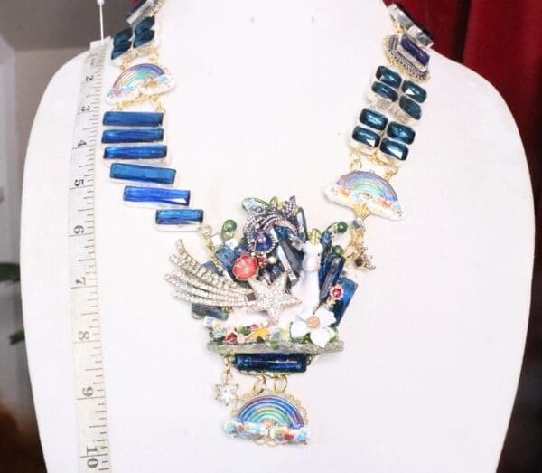 SOLD! 6979 Art Jewelry 3D Effect Hand Painted Unicorn Genuine Quartz Topaz Rainbow Statement Necklace - Image 5