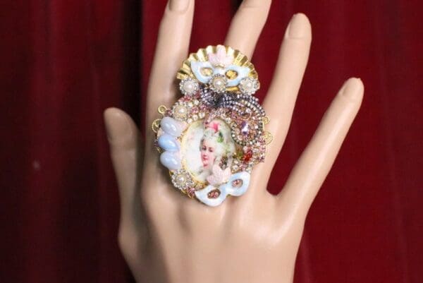 SOLD! 6982 Marie Antoinette Hand Painted Blue Rhinestones Bird Cocktail Adjustable Ring - Image 3