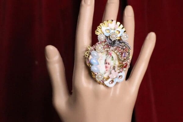 SOLD! 6982 Marie Antoinette Hand Painted Blue Rhinestones Bird Cocktail Adjustable Ring - Image 6