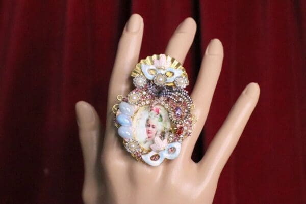SOLD! 6982 Marie Antoinette Hand Painted Blue Rhinestones Bird Cocktail Adjustable Ring - Image 7