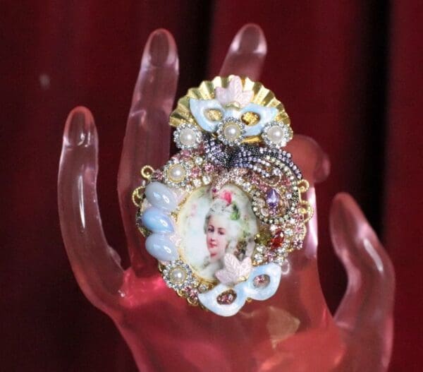 SOLD! 6982 Marie Antoinette Hand Painted Blue Rhinestones Bird Cocktail Adjustable Ring