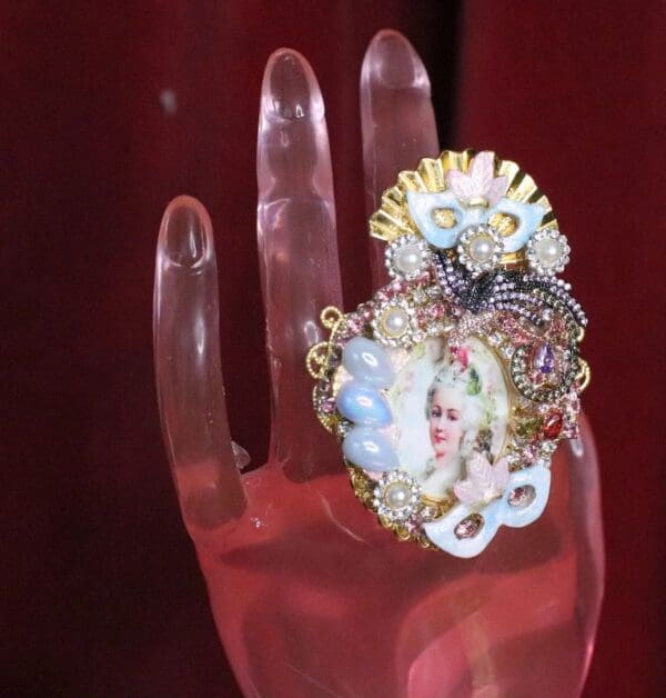 SOLD! 6982 Marie Antoinette Hand Painted Blue Rhinestones Bird Cocktail Adjustable Ring - Image 2