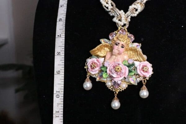 SOLD! 6985 Baroque Raphael Cherub Angel Hand Painted Massive Pendant Necklace - Image 2