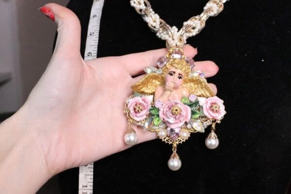 SOLD! 6985 Baroque Raphael Cherub Angel Hand Painted Massive Pendant Necklace - Image 3