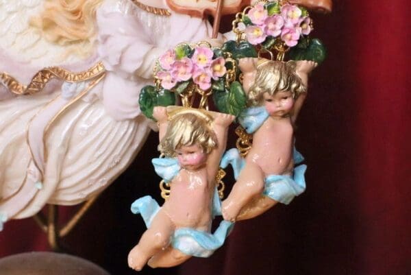 SOLD! 6986 Baroque Enamel 3D Effect Holding Roses Cherub Angel Studs Earrings - Image 2