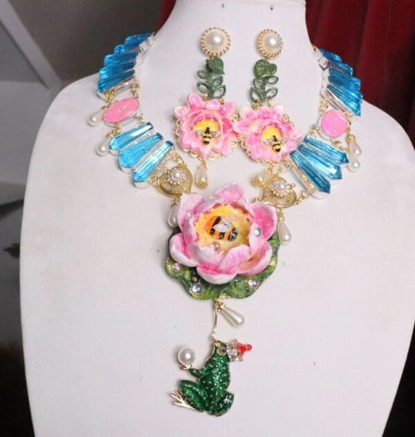 SOLD! 7003 Set Of Genuine Topaz Triplet Opal Water Lily The Prince Frog Necklace+ Earrings - Image 2