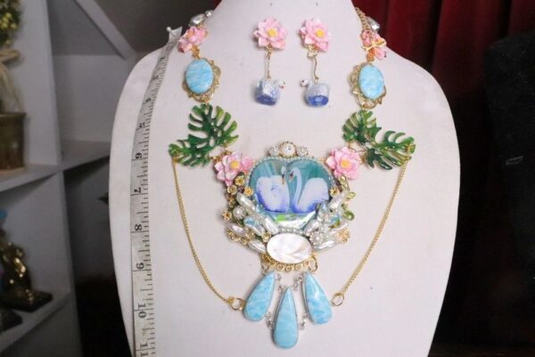 SOLD! 7004 Set Of Genuine Agate Painting On Agate Swan Couple Necklace+ Earrings - Image 3