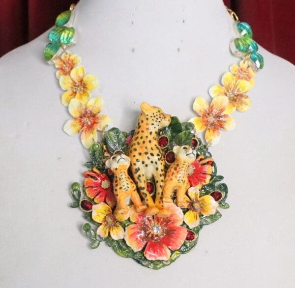 SOLD! 7005 Art Jewelry 3D Effect Cheetah Family Flowers Hand Painted Necklace - Image 2
