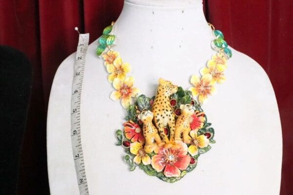SOLD! 7005 Art Jewelry 3D Effect Cheetah Family Flowers Hand Painted Necklace - Image 3