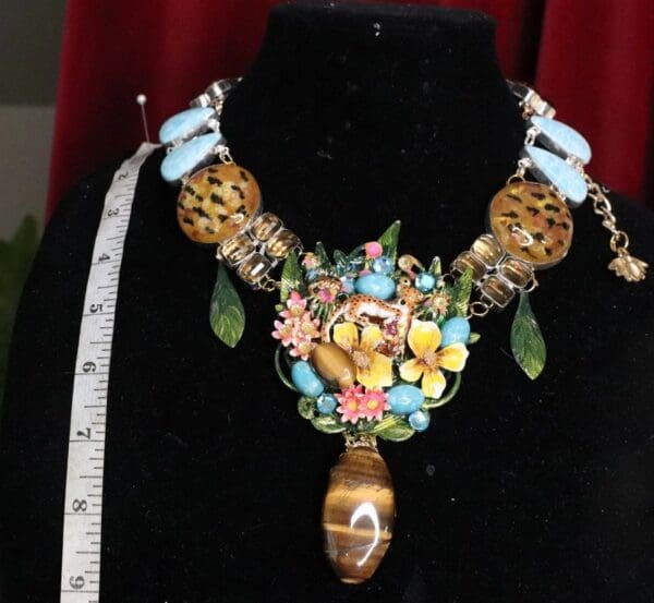 SOLD! 7012 Set Of Baroque Genuine Baltic Amber Larimar Tiger Eye Enamel Leopard Necklace+ Earrings - Image 2