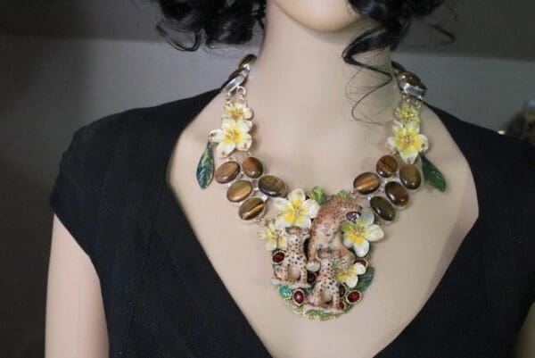 SOLD! 7013 Set Of Art Jewelry 3D Effect Baroque Genuine Tiger Eye Enamel Leopard's Family Necklace+ Earrings - Image 2