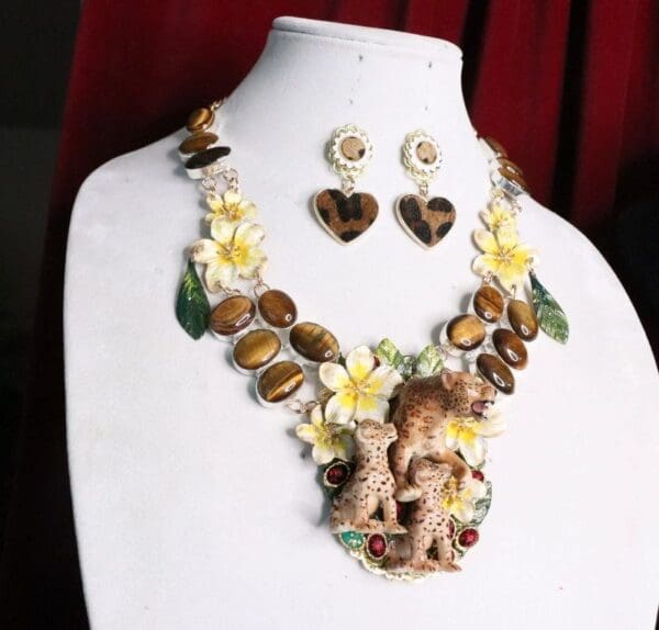 SOLD! 7013 Set Of Art Jewelry 3D Effect Baroque Genuine Tiger Eye Enamel Leopard's Family Necklace+ Earrings - Image 5