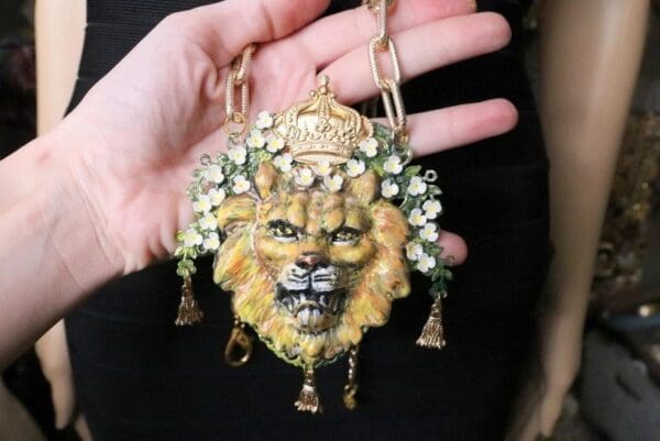 SOLD! 7014 Of Art Jewelry 3D Effect Baroque Lion Flower Crown Necklace - Image 6