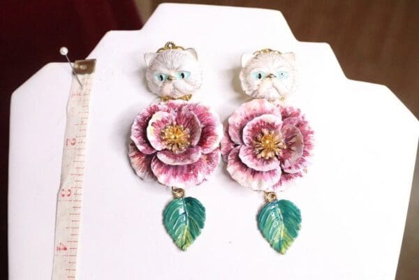 SOLD! 7034 Hand Painted Baroque 3D Effect Enamel Cat Rose Studs Earrings - Image 6