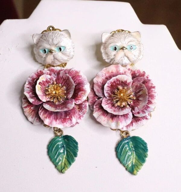SOLD! 7034 Hand Painted Baroque 3D Effect Enamel Cat Rose Studs Earrings - Image 7