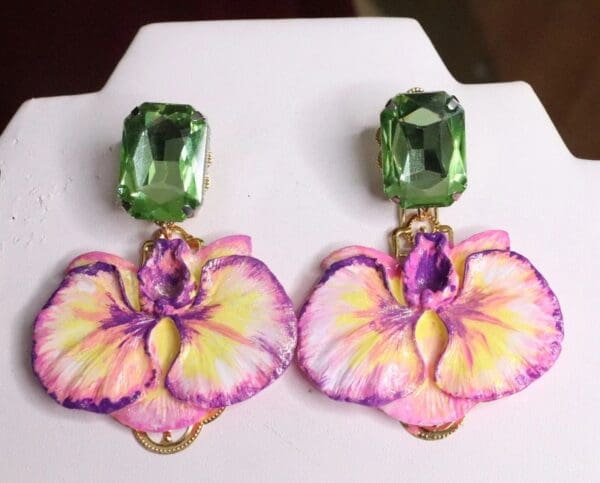 SOLD! 7035 Hand Painted Baroque 3D Effect Orchid Studs Earrings - Image 7
