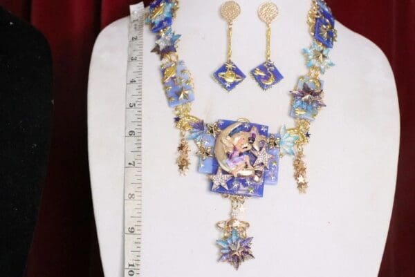 SOLD! 7037 Set Of Mystical Cherub Painting The Moon Star Necklace+ Earrings - Image 3