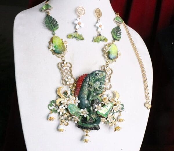 SOLD! 4524 Set Of Genuine Solar Quartz San Sitara Hand Painted Vivid Iguana Necklace