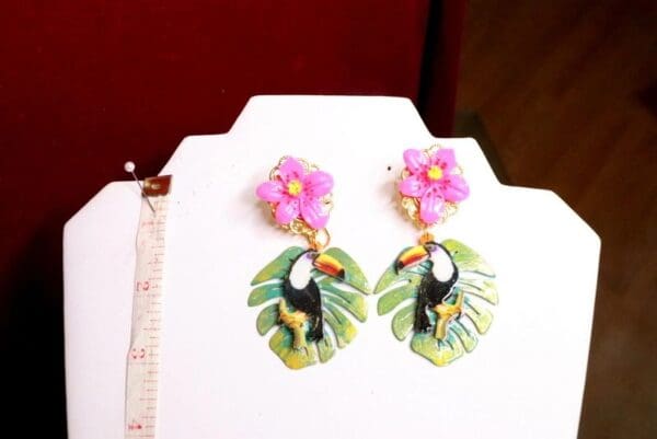 SOLD! 7041 Baroque Palm Leaf Toucan Earrings - Image 2
